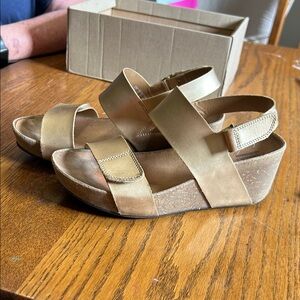 Clarks Gold Wedge Sandals with Cork-Look Platform